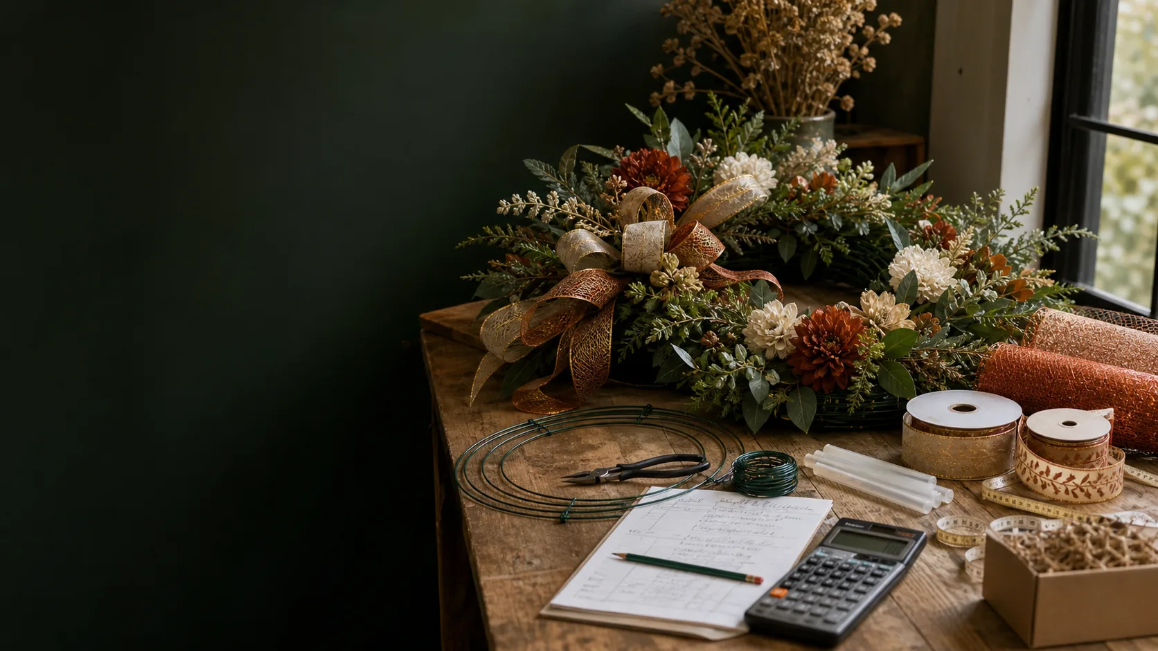 Wreath maker's workbench with ribbon, greenery, florals, and costing notes
